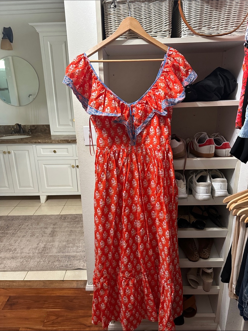 J. Crew Red Floral Maxi Dress with Blue Trim Ruffle
